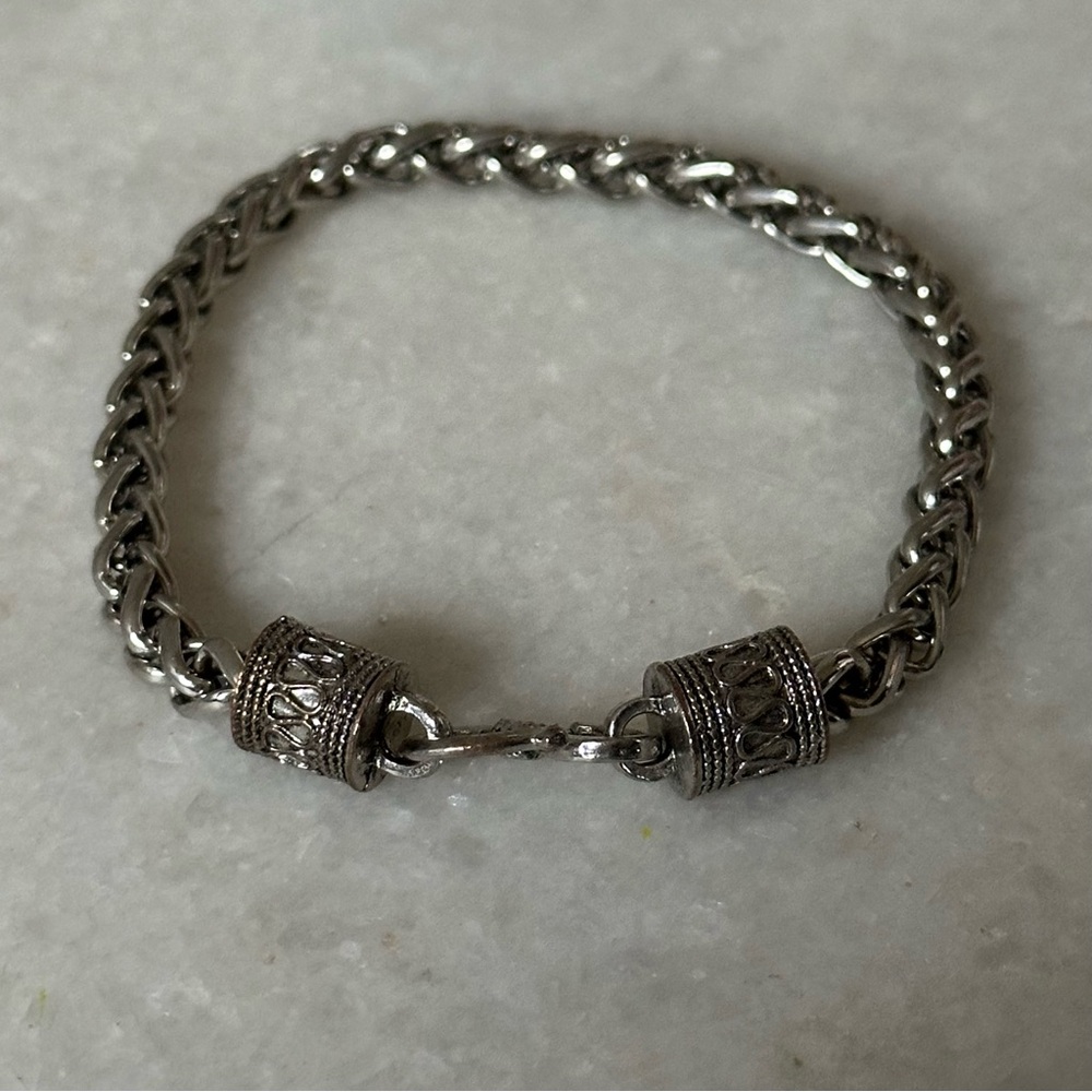 Sterling-Style Silver Bali Balinese Wheat Chain Braided Bracelet Ornate Clasp